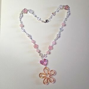 Pink Flower Heart Beaded Handmade Necklace